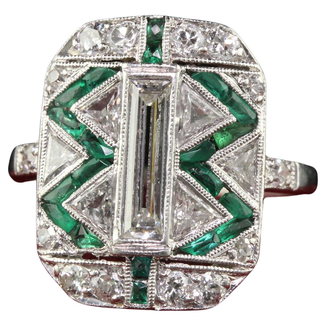 Antique Art Deco Cartier Old Baguette Diamond and Emerald Cocktail Ring For Sale