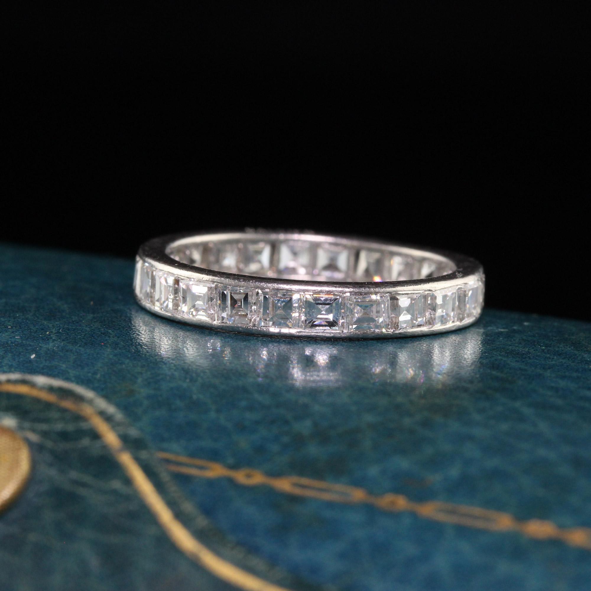 Beautiful Antique Art Deco Cartier Platinum Carre Cut Diamond Eternity Band - Size 5 1/2. This gorgeous eternity band is crafted in platinum. The ring is marked Cartier on the side and has beautiful white carre cut diamonds going around the ring.