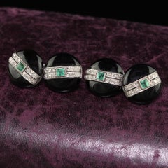 Antique Art Deco Cartier Platinum Diamond Emerald and Onyx Cufflinks