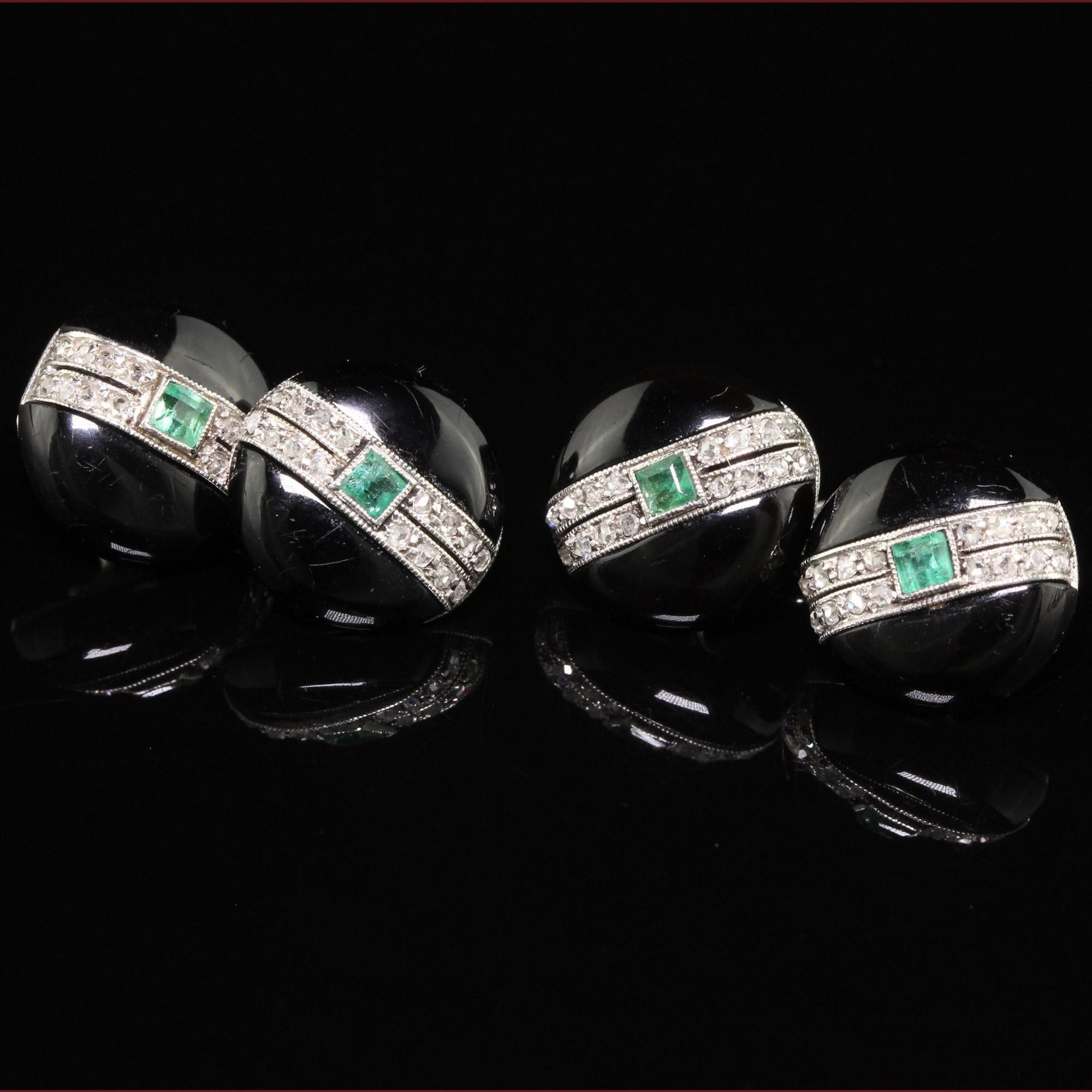 Women's or Men's Antique Art Deco Cartier Platinum Diamond Emerald and Onyx Cufflinks For Sale