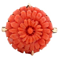 Antique Art Deco Carved Coral Floral Ring 12K Rose Gold