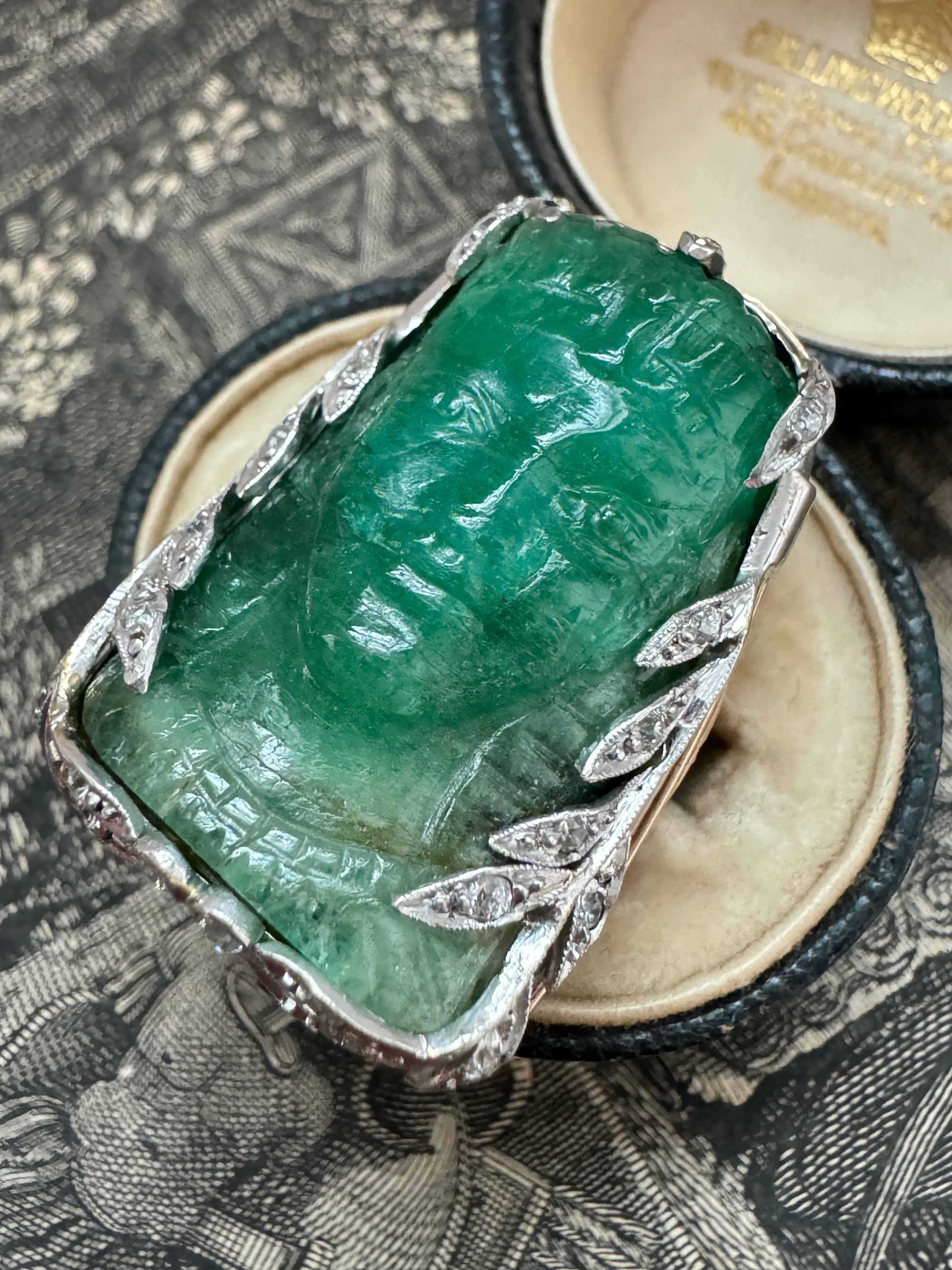 Cabochon Antique Art Deco Carved Emerald Cameo and Diamond Ring of a Pharaoh For Sale