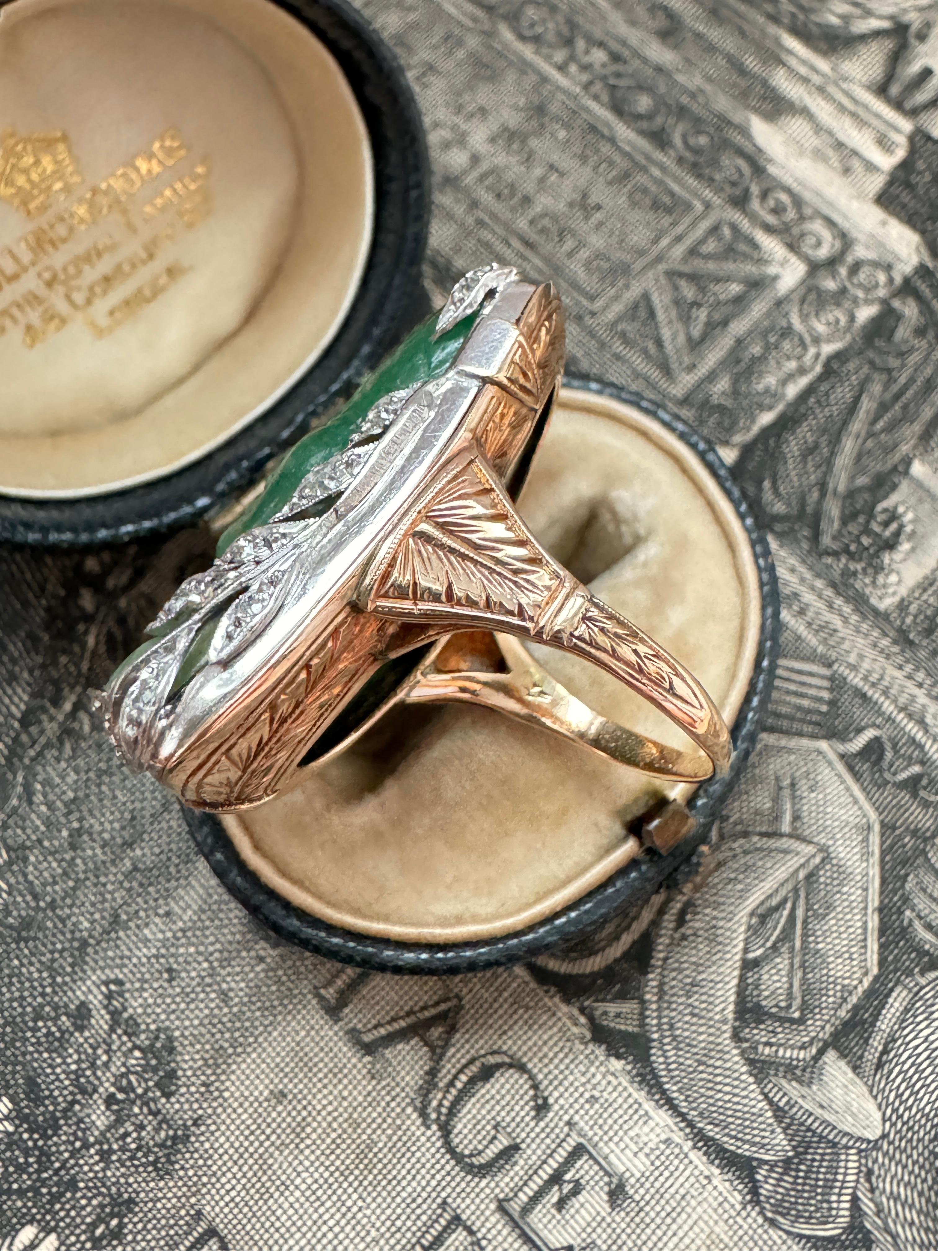Antique Art Deco Carved Emerald Cameo and Diamond Ring of a Pharaoh For Sale 1