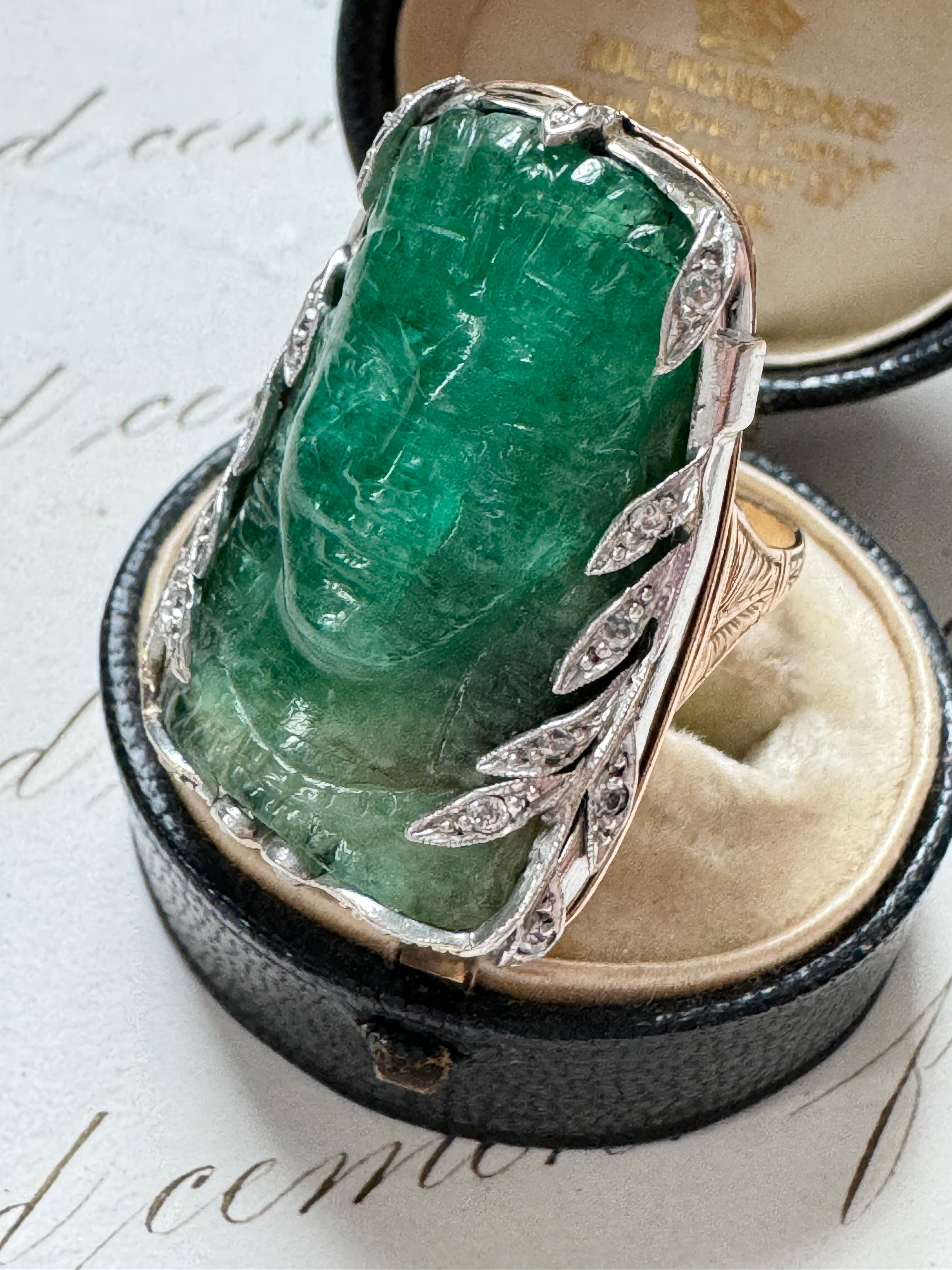 Antique Art Deco Carved Emerald Cameo and Diamond Ring of a Pharaoh For Sale 4