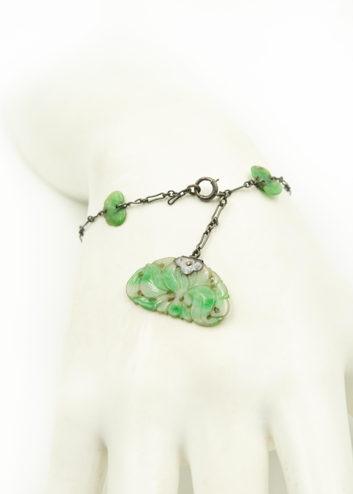 Mixed Cut Antique Art Deco Carved Jade Leaf Sterling Silver Charm Pendant Bracelet For Sale