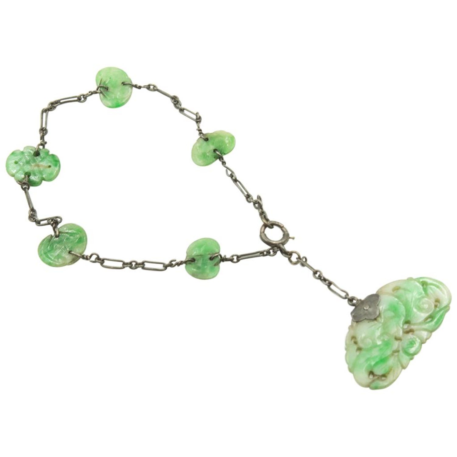Antique Art Deco Carved Jade Leaf Sterling Silver Charm Pendant Bracelet  For Sale at 1stDibs