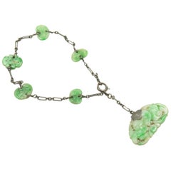 Antique Art Deco Carved Jade Leaf Sterling Silver Charm Pendant Bracelet