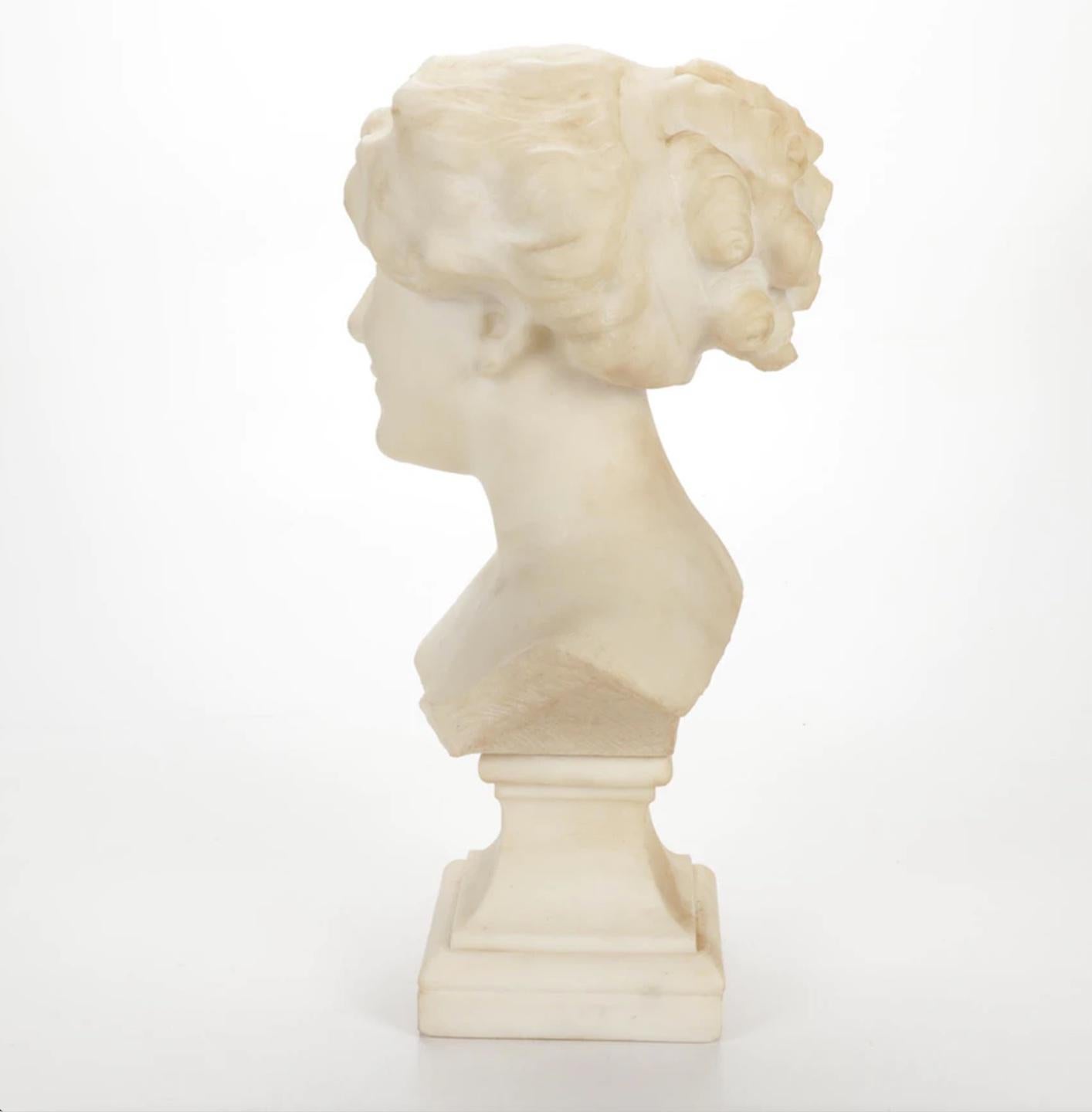 Hand-Carved Antique Art Deco Carved Marble Bust of Woman by Paul Philippe on Pedestal