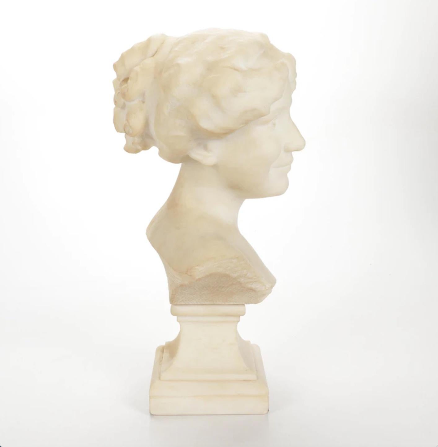 Antique Art Deco Carved Marble Bust of Woman by Paul Philippe on Pedestal In Good Condition In Elkhart, IN