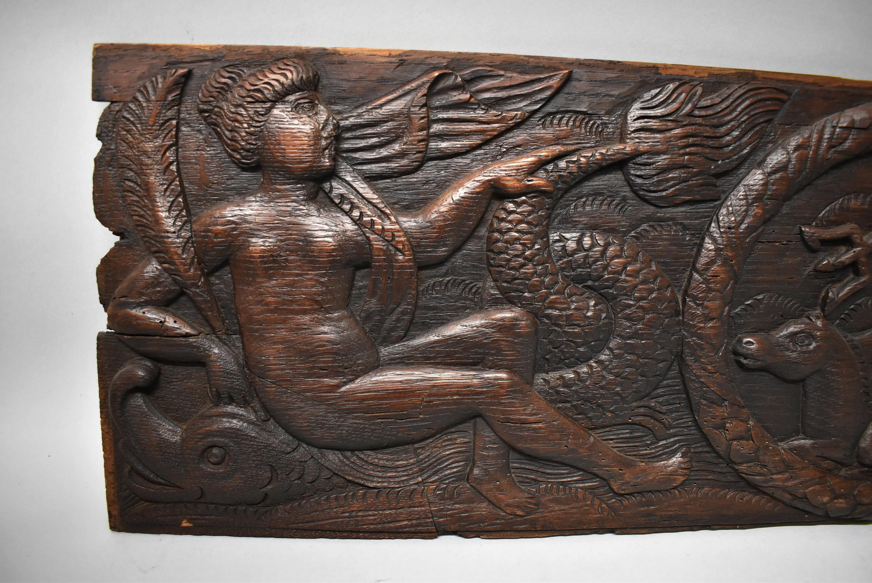 Unknown Antique Art Deco Carved Oak Panel Neptune and Sea Serpent