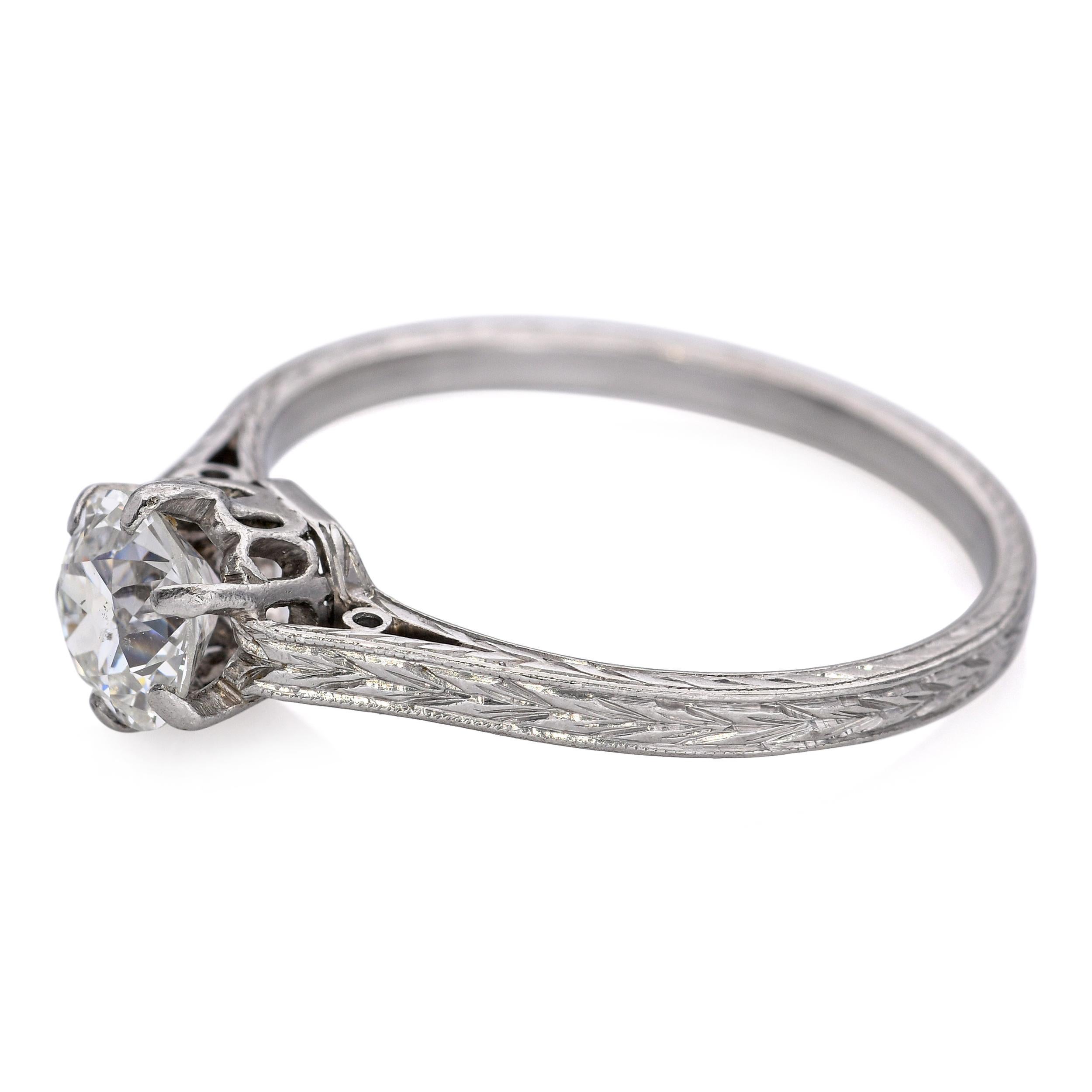 Women's Antique Art Deco Carved Platinum 0.73ct Old European Cut Diamond Engagement Ring For Sale