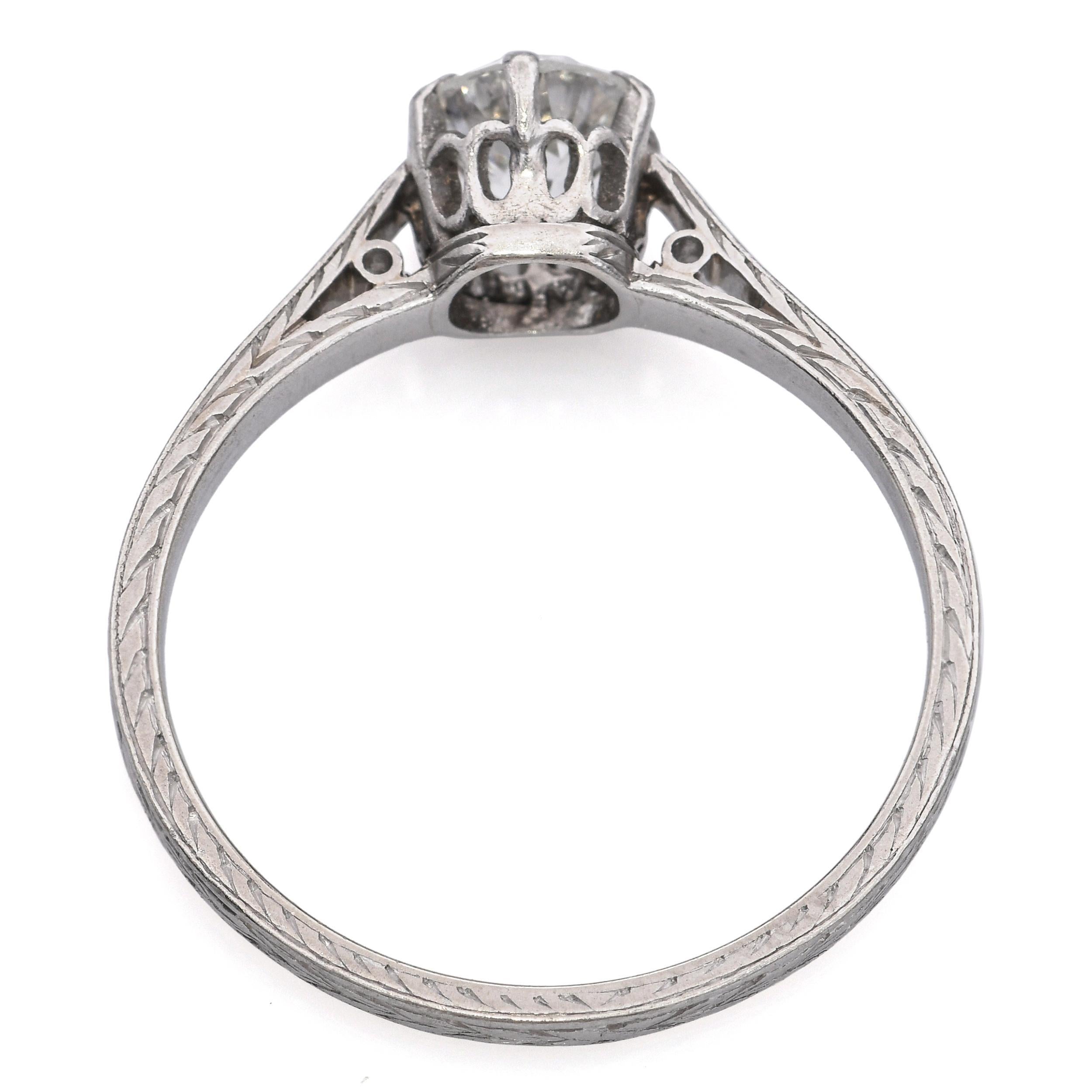 Antique Art Deco Carved Platinum 0.73ct Old European Cut Diamond Engagement Ring For Sale 1