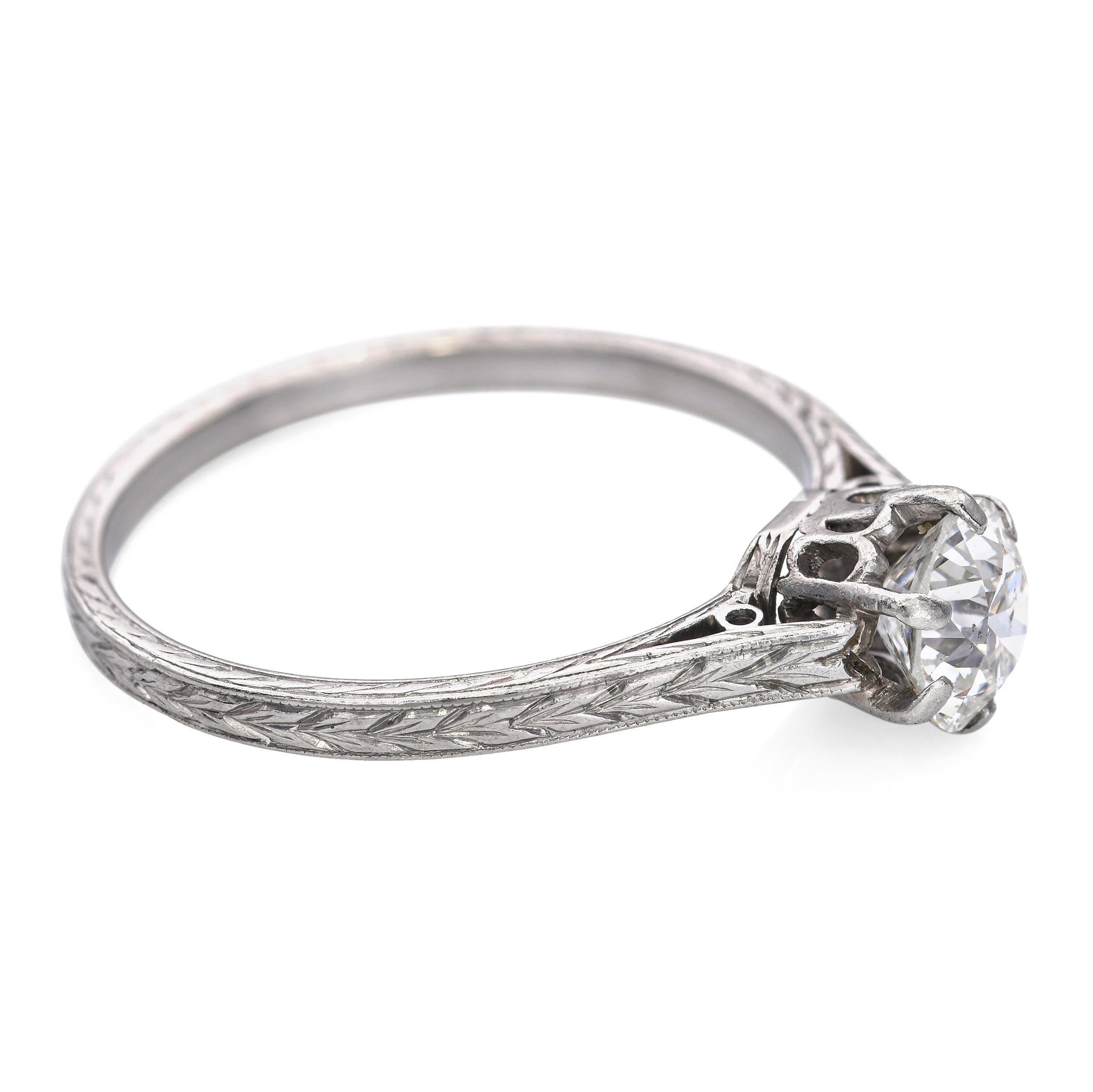 Antique Art Deco Carved Platinum 0.73ct Old European Cut Diamond Engagement Ring For Sale 2