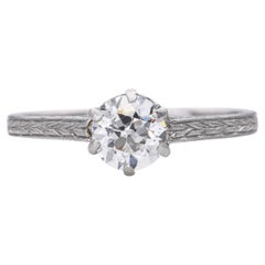 Antique Art Deco Carved Platinum 0.73ct Old European Cut Diamond Engagement Ring