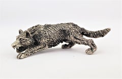 Antique Art Deco Cast Continental Silver Crouched Wolf Sculpture or Figurine