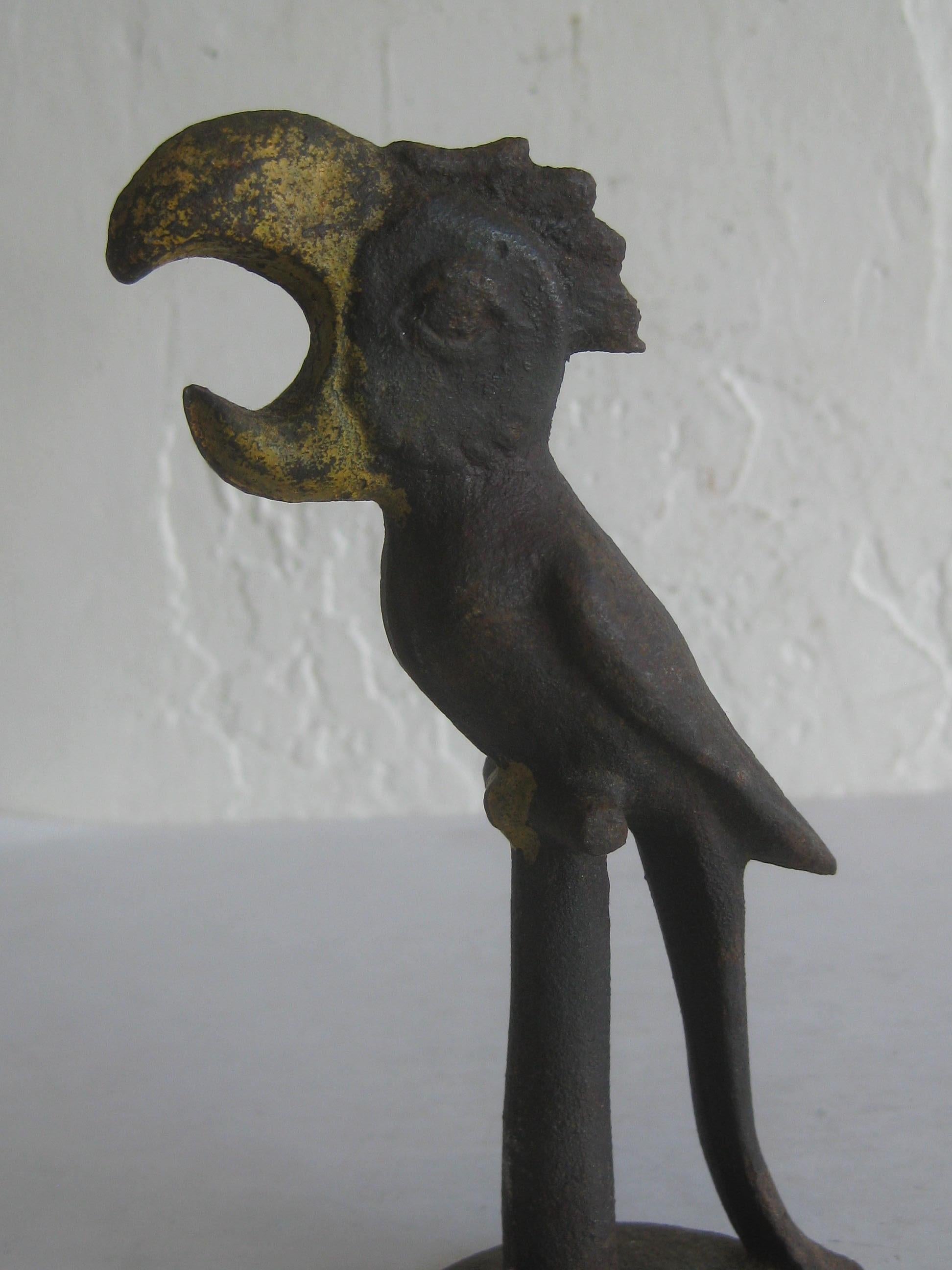 Antique Art Deco Cast Iron Cold Paint Parrot Bird Figural Barware Bottle Opener In Good Condition In San Diego, CA