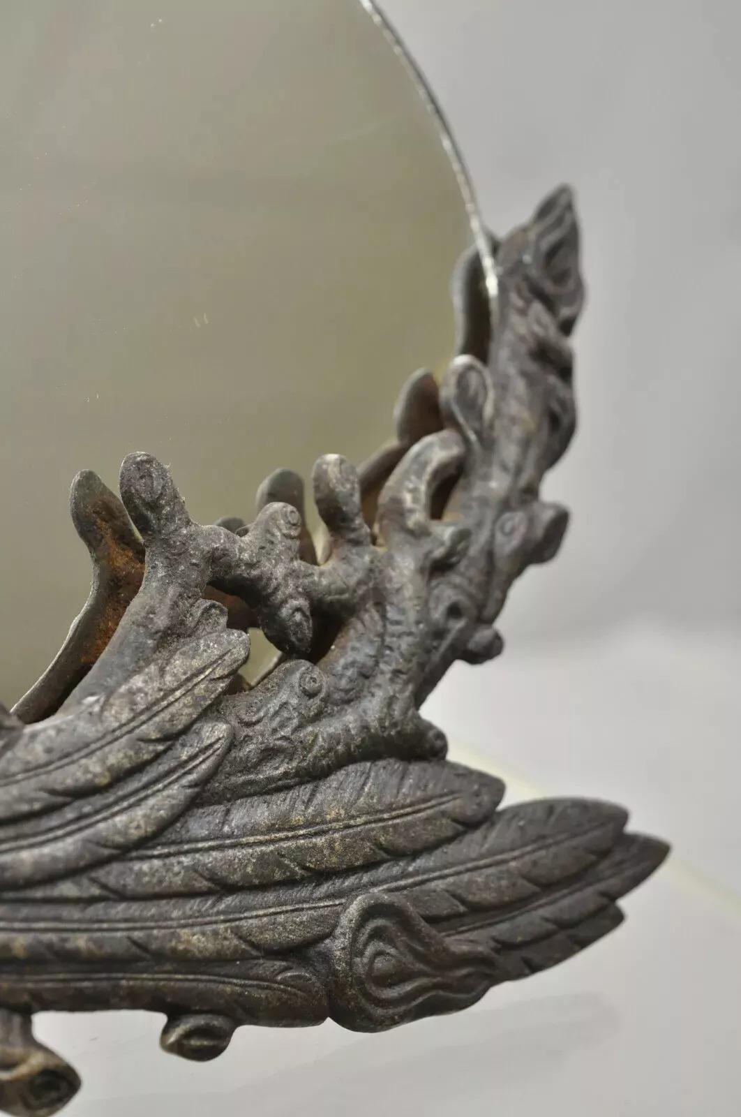 Antiguo Art Deco Hierro Fundido Águila Ave Fénix Sobremesa Espejo Vaciado en venta