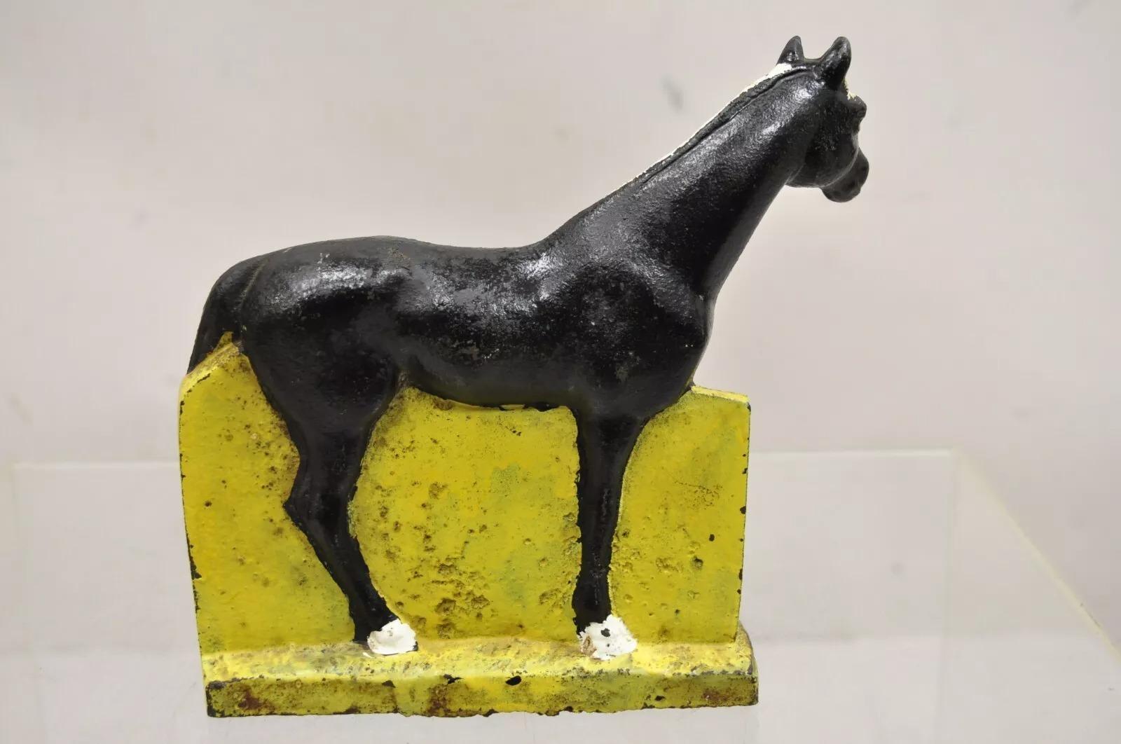 Antique Art Deco Cast Iron Figural Horse Form Black & Yellow Doorstop For Sale 5