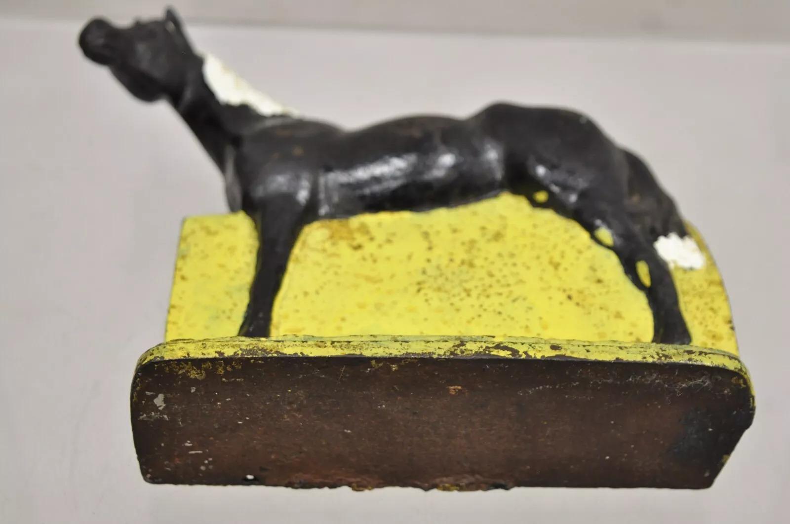 Antique Art Deco Cast Iron Figural Horse Form Black & Yellow Doorstop For Sale 6