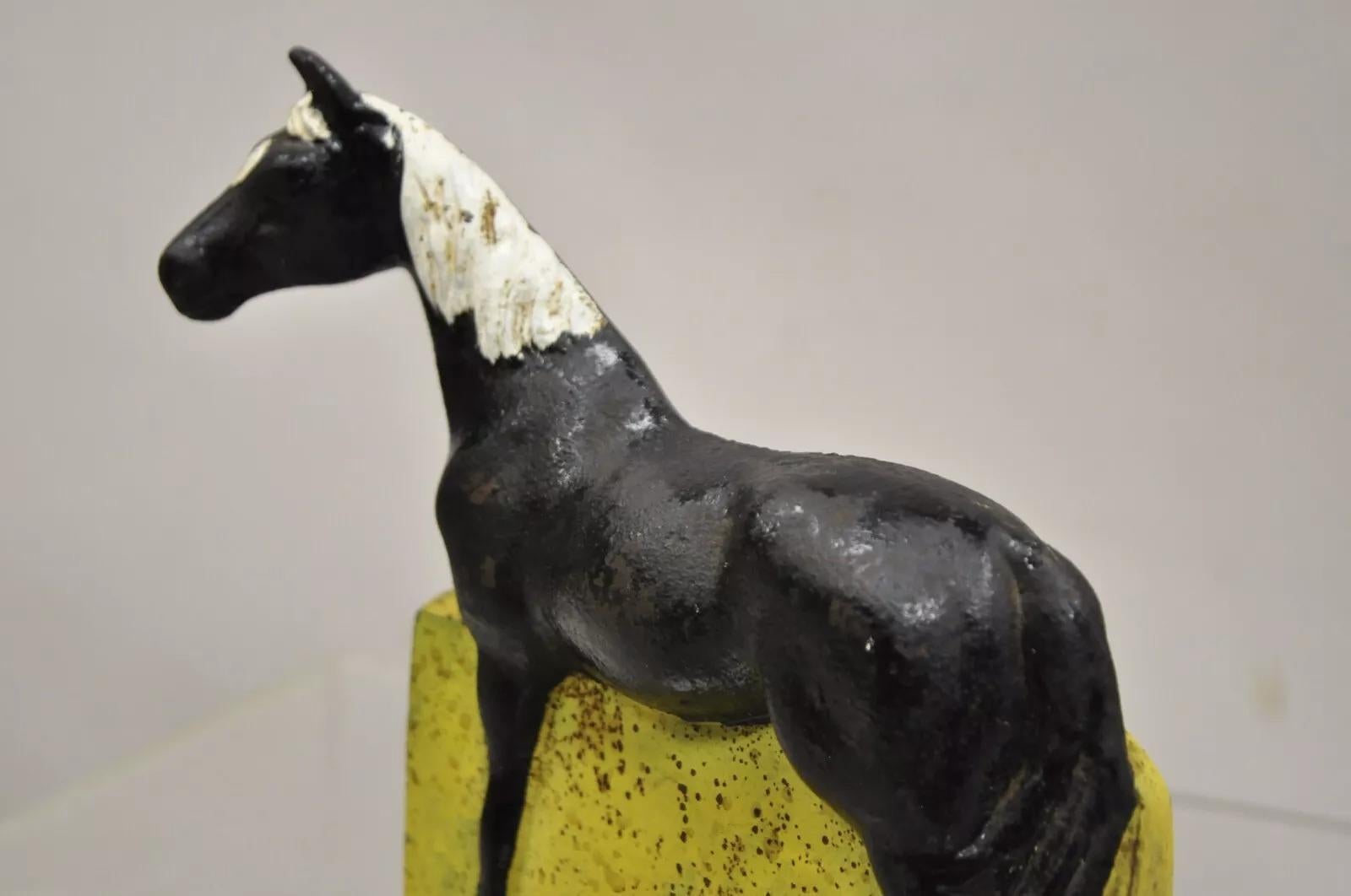 Antique Art Deco Cast Iron Figural Horse Form Black & Yellow Doorstop In Good Condition For Sale In Philadelphia, PA
