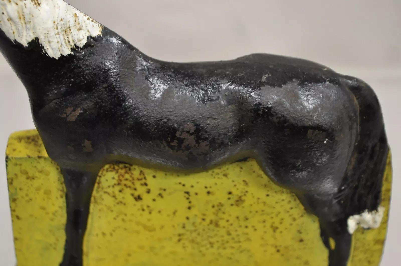 20th Century Antique Art Deco Cast Iron Figural Horse Form Black & Yellow Doorstop For Sale