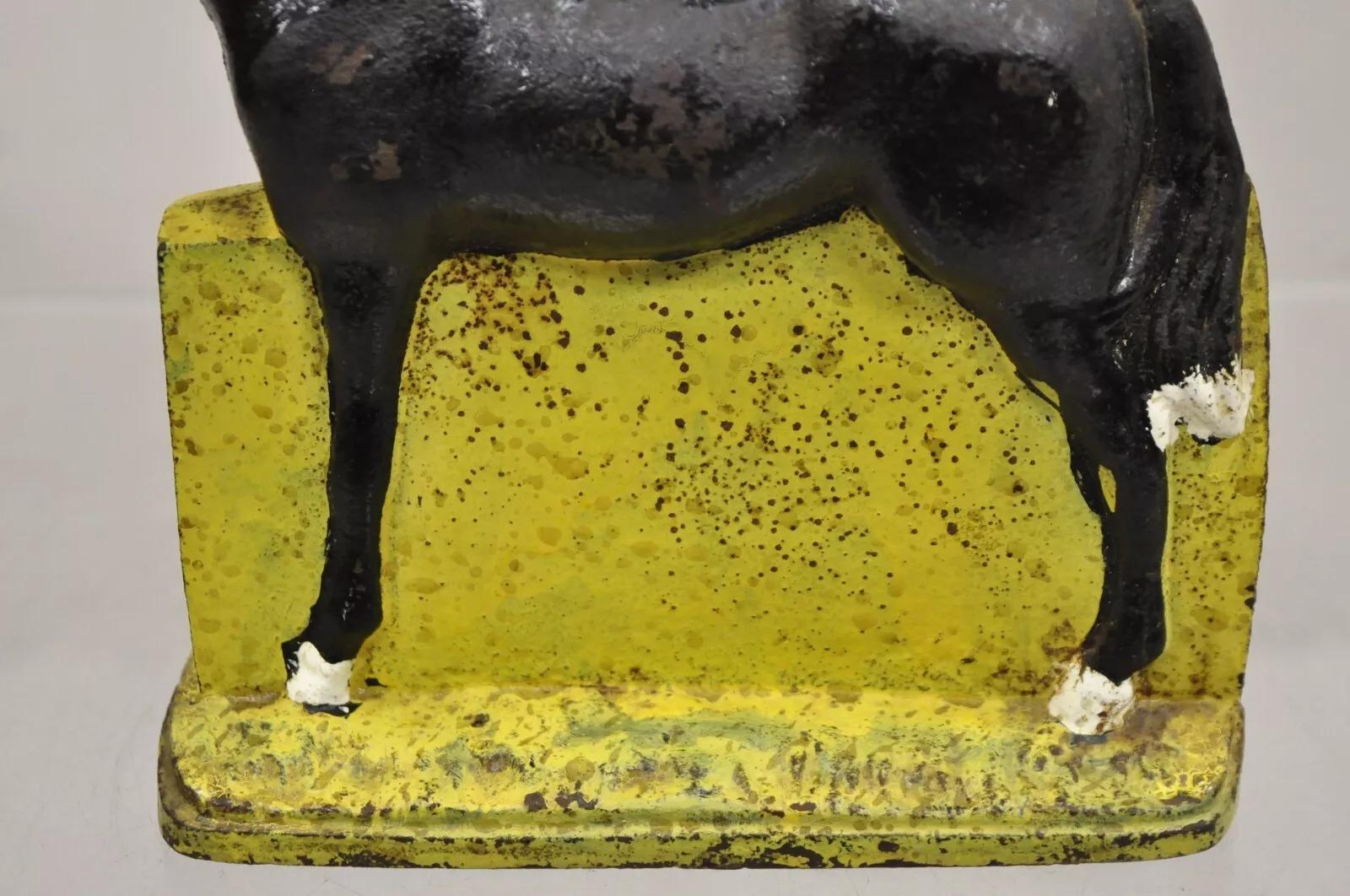 Antique Art Deco Cast Iron Figural Horse Form Black & Yellow Doorstop For Sale 1