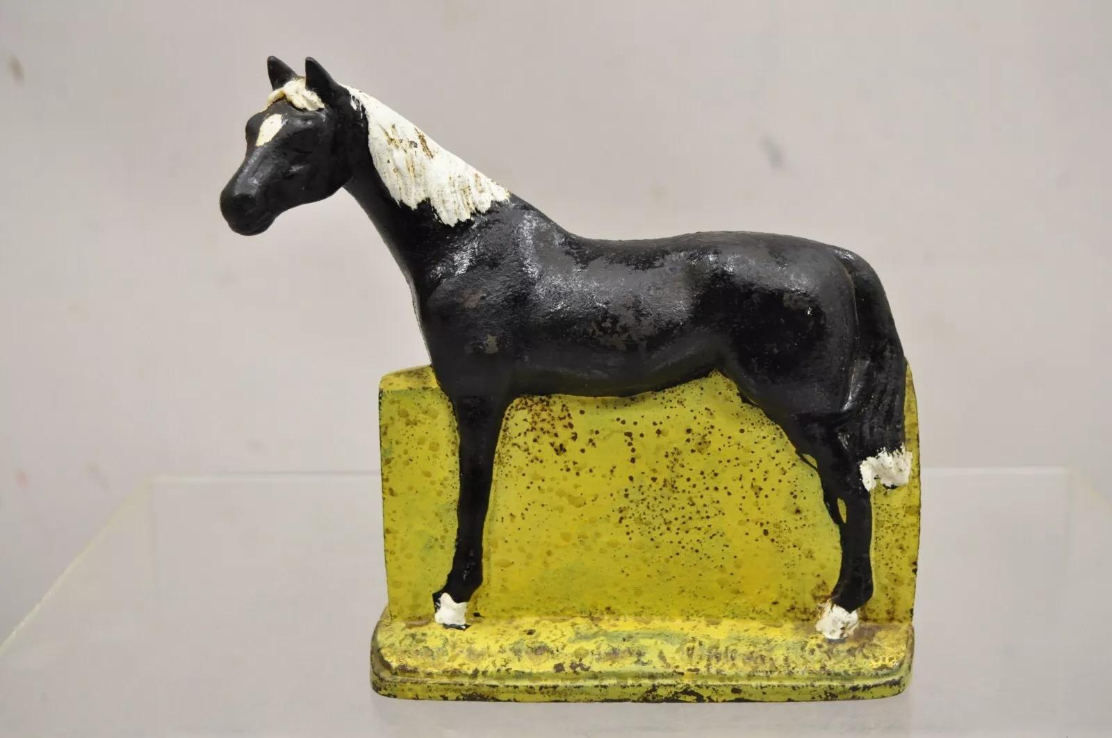 Antique Art Deco Cast Iron Figural Horse Form Black & Yellow Doorstop For Sale 2