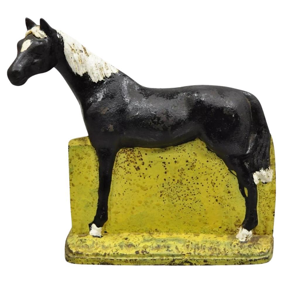 Antique Art Deco Cast Iron Figural Horse Form Black & Yellow Doorstop For Sale
