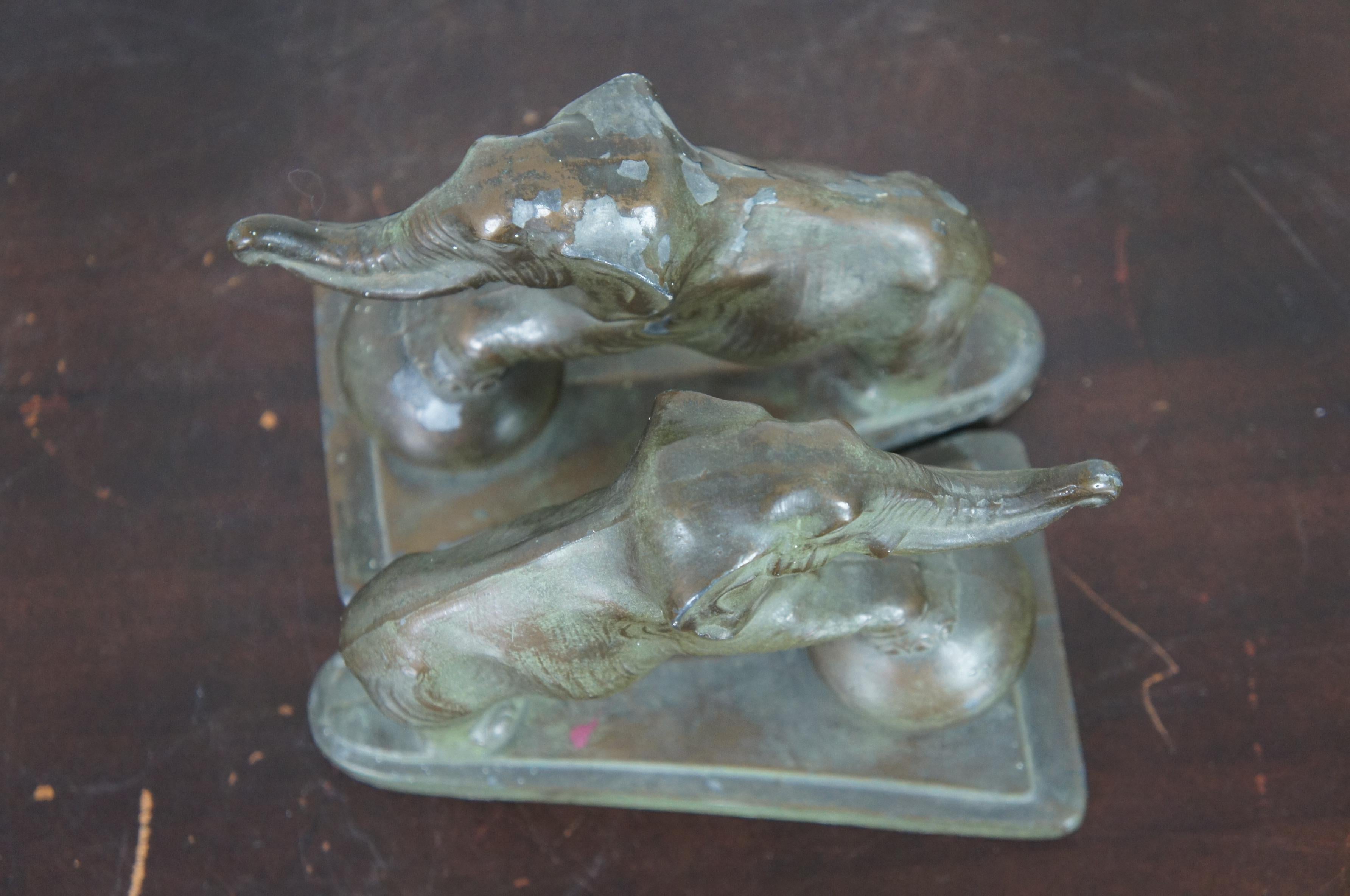 Mid-20th Century Antique Art Deco Cast Metal Circus Elephant Library Bookends Bronzed Lucky Book