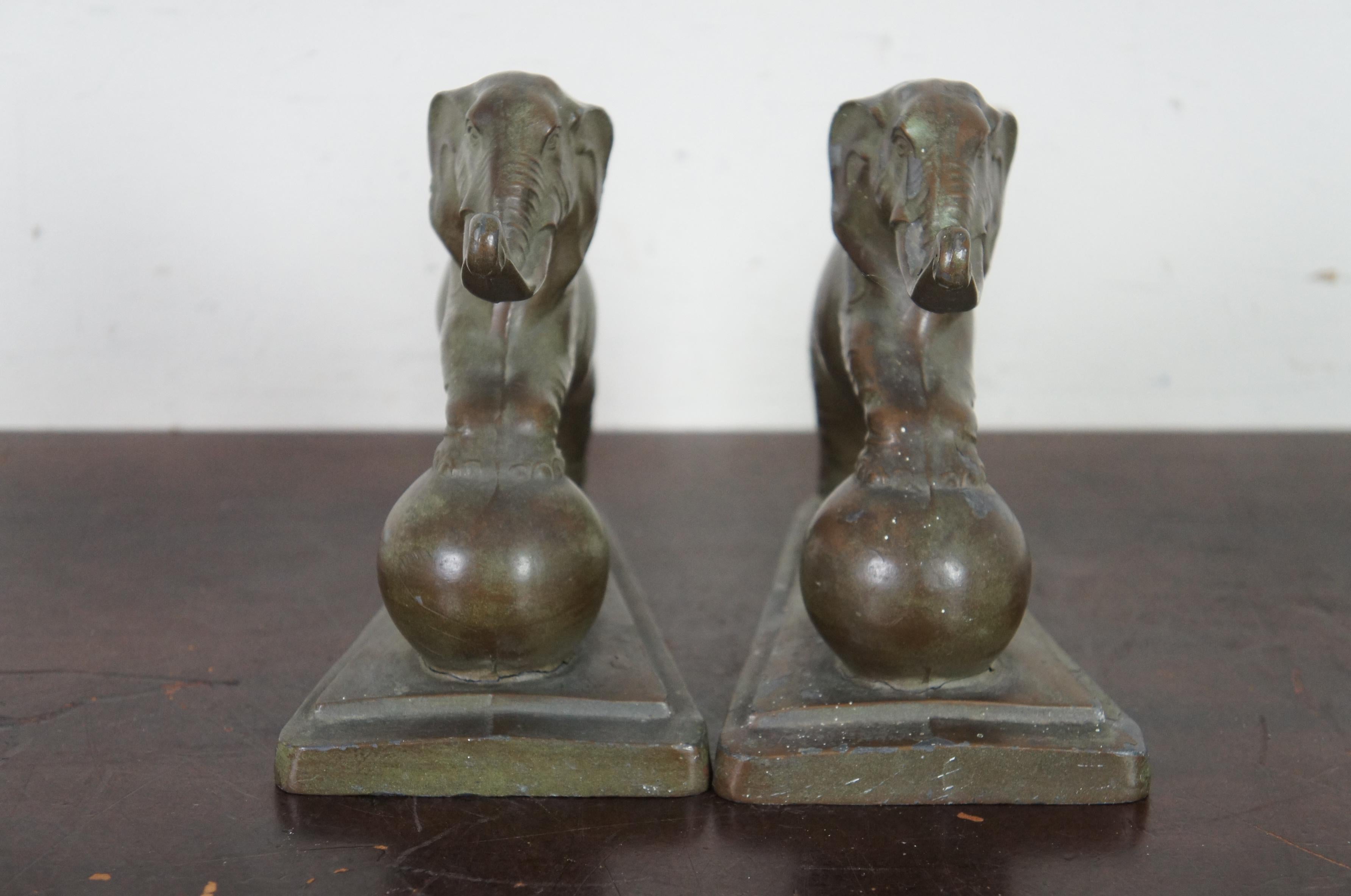Antique Art Deco Cast Metal Circus Elephant Library Bookends Bronzed Lucky Book 1