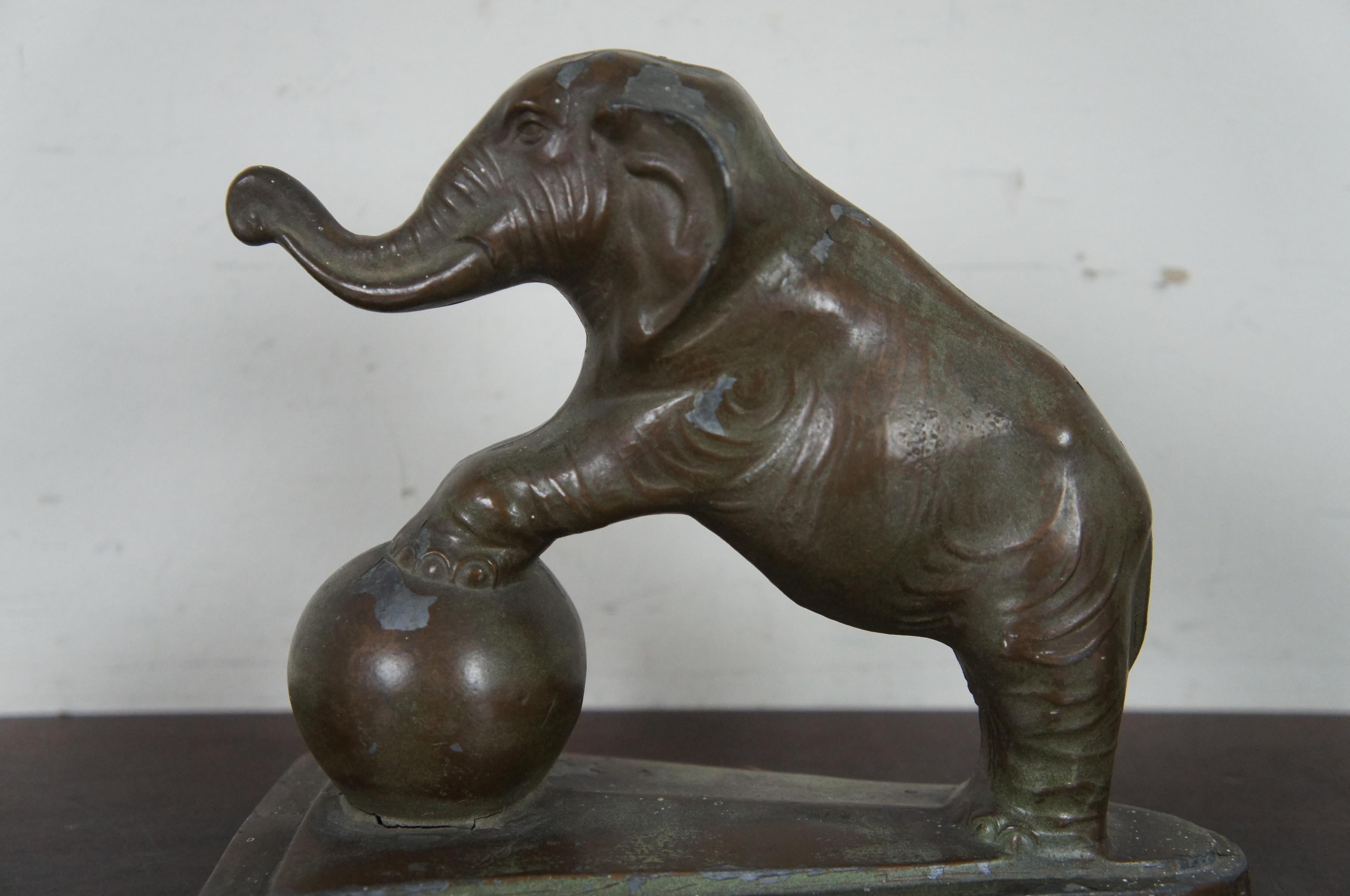 Antique Art Deco Cast Metal Circus Elephant Library Bookends Bronzed Lucky Book 4