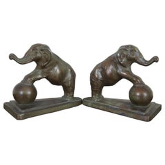 Antique Art Deco Cast Metal Circus Elephant Library Bookends Bronzed Lucky Book