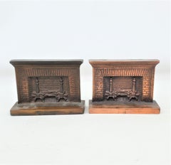 Antique Art Deco Cast & Patinated Bookends Depicting a Figural Brick Fireplace