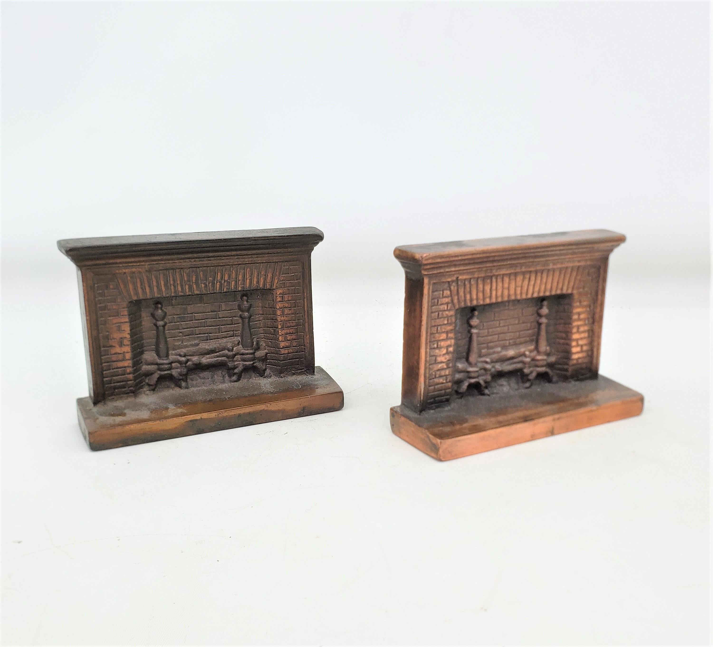 American Antique Art Deco Cast & Patinated Bookends Depicting a Figural Brick Fireplace For Sale