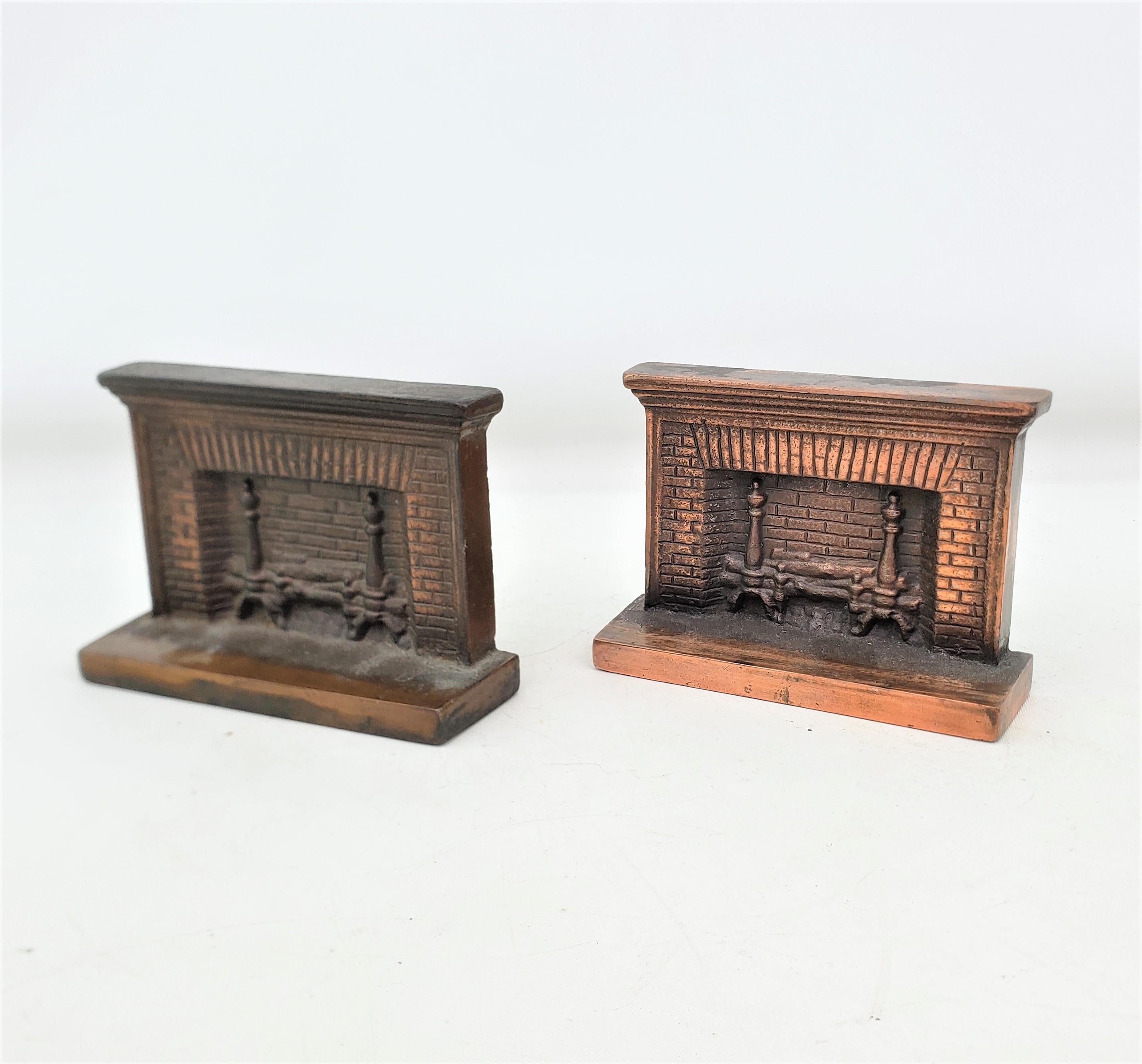 Antique Art Deco Cast & Patinated Bookends Depicting a Figural Brick Fireplace  In Good Condition For Sale In Hamilton, Ontario