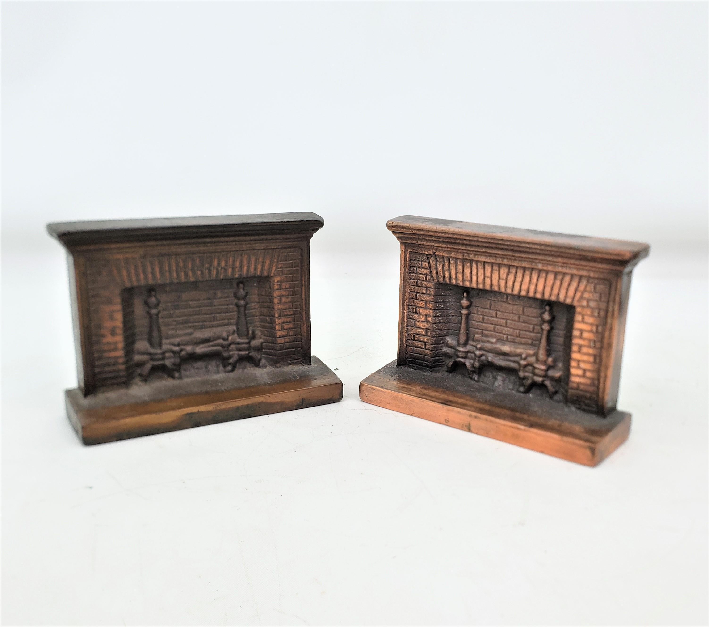 20th Century Antique Art Deco Cast & Patinated Bookends Depicting a Figural Brick Fireplace  For Sale