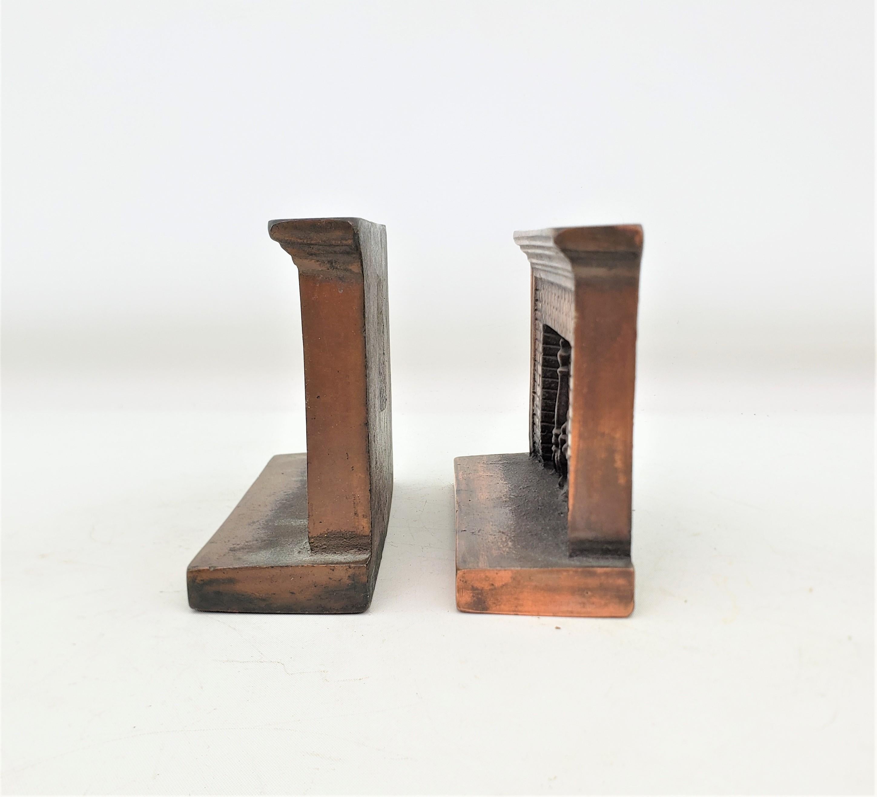 Steel Antique Art Deco Cast & Patinated Bookends Depicting a Figural Brick Fireplace  For Sale