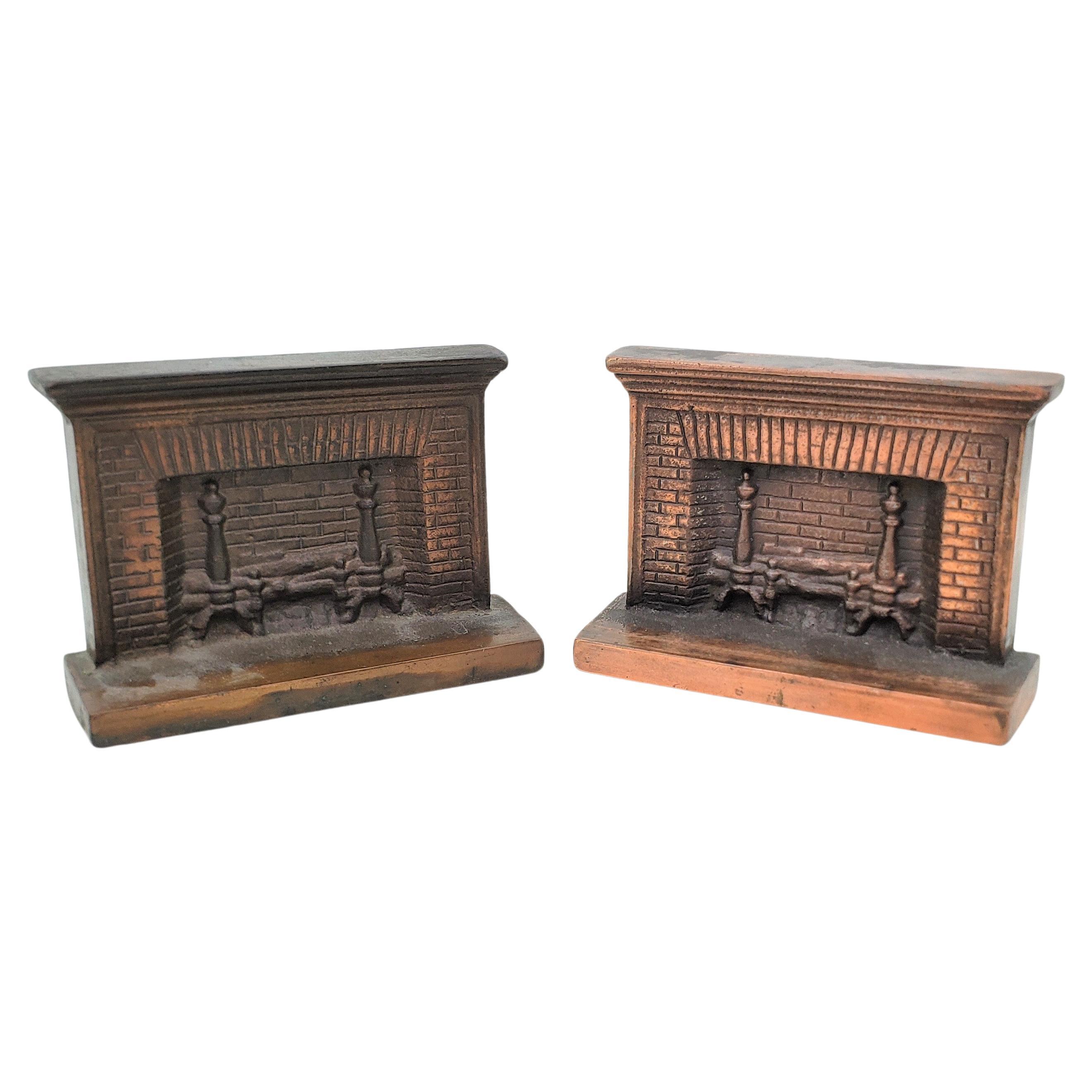 Antique Art Deco Cast & Patinated Bookends Depicting a Figural Brick Fireplace  For Sale