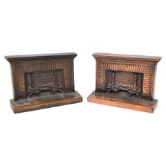 Antique Art Deco Cast & Patinated Bookends Depicting a Figural Brick Fireplace 