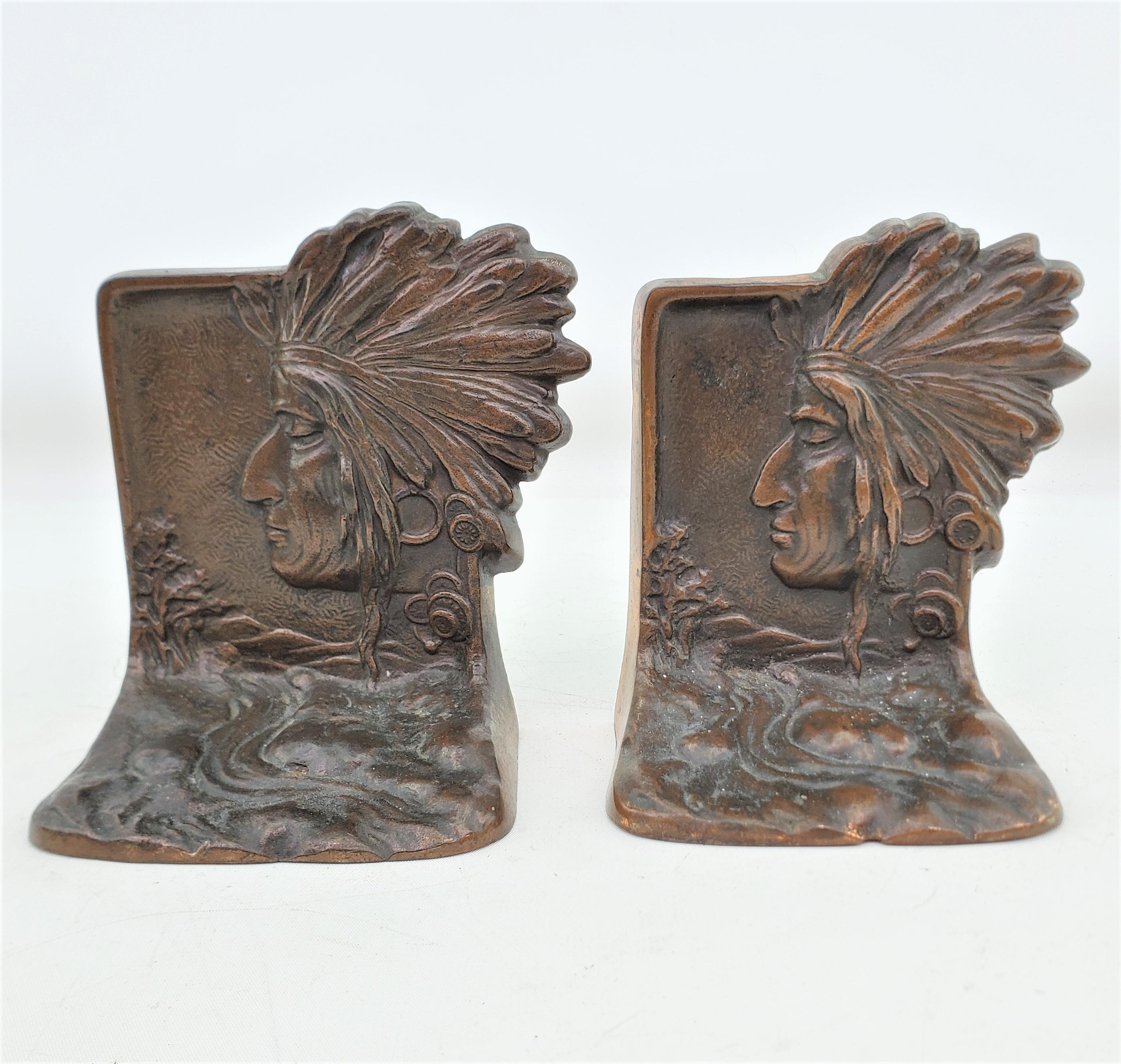 American Antique Art Deco Cast & Patinated Bookends Depicting an Indigenous Warrior For Sale