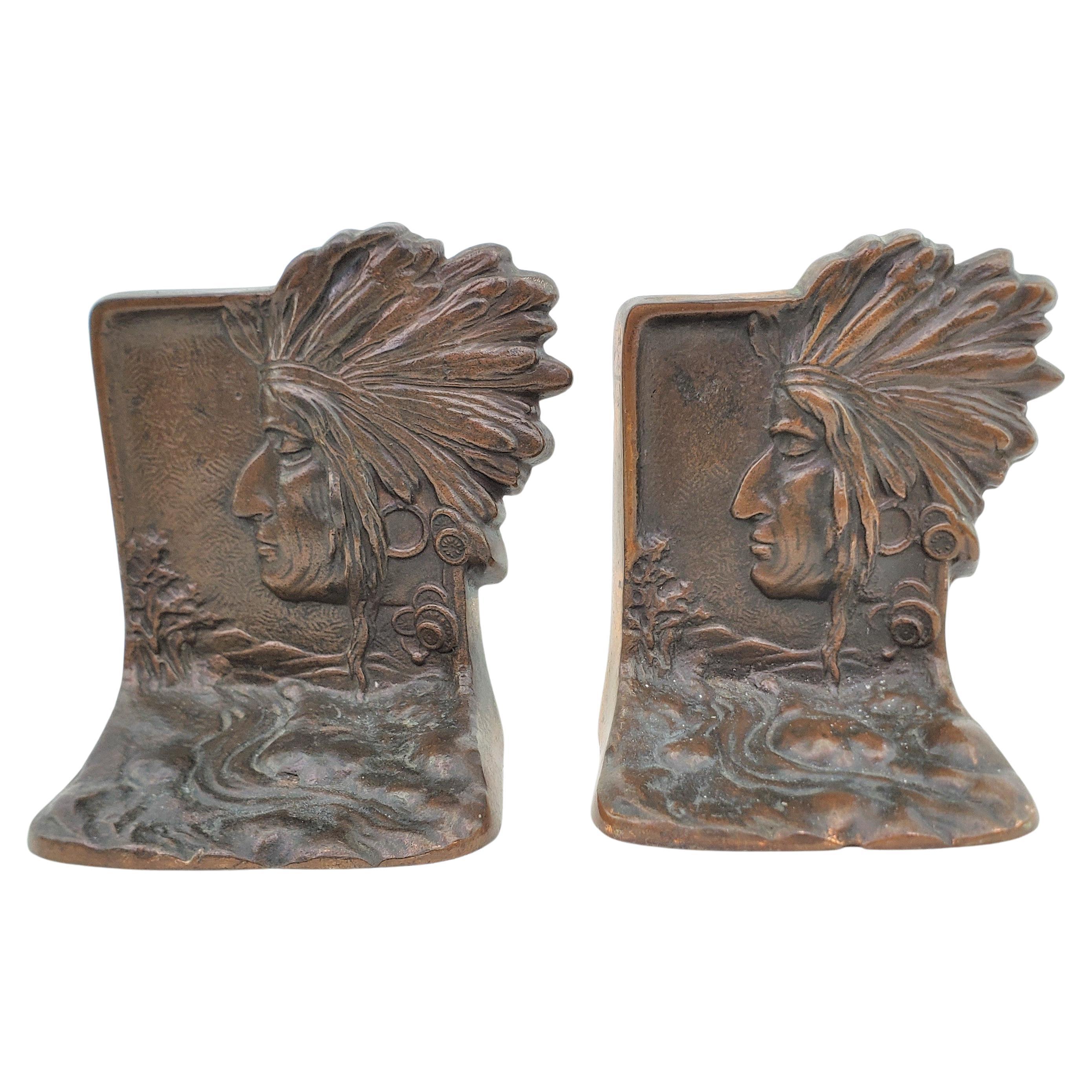 Antique Art Deco Cast & Patinated Bookends Depicting an Indigenous Warrior