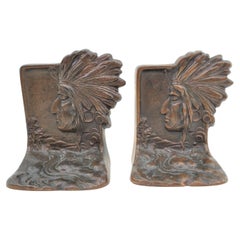 Antique Art Deco Cast & Patinated Bookends Depicting an Indigenous Warrior
