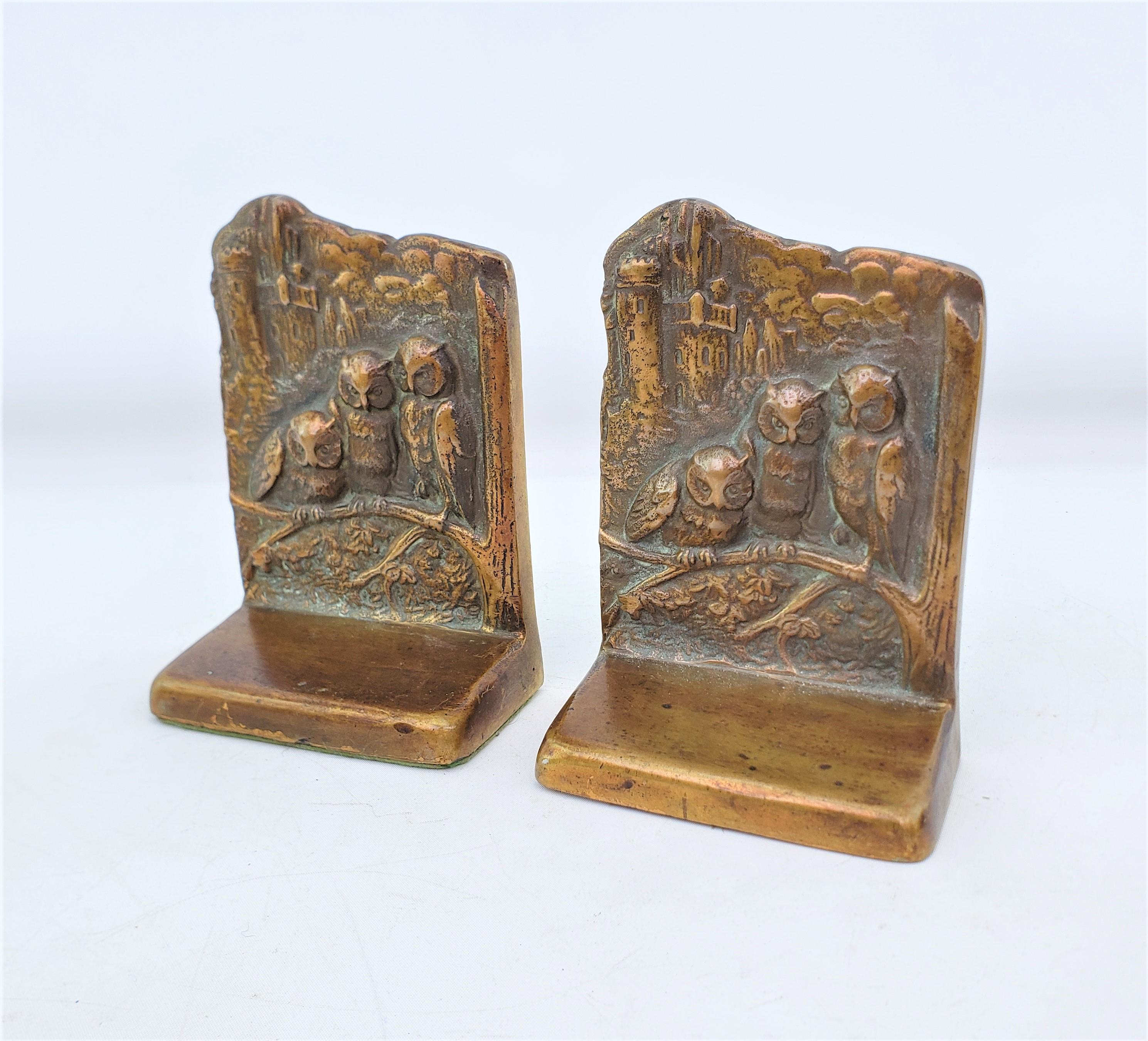 American Antique Art Deco Cast & Patinated Brass Bookends Depicting Three Perched Owls For Sale