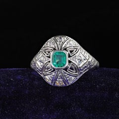 Antique Art Deco C.D. Peacock Platinum Colombian Emerald Diamond Filigree Ring
