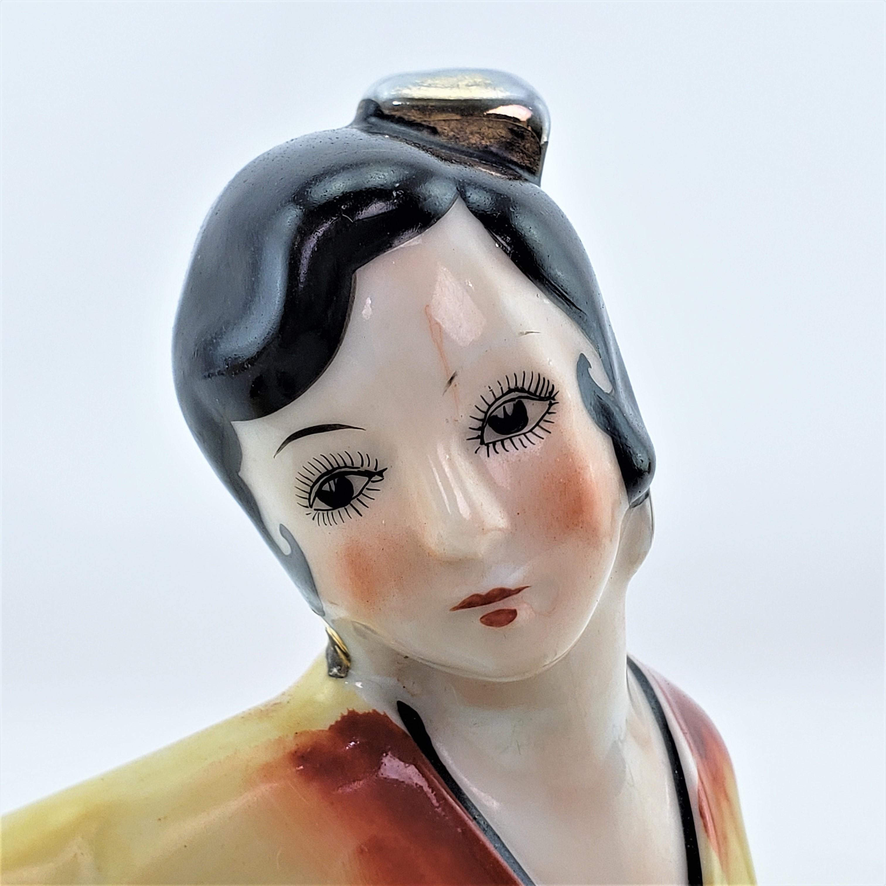 Antique Art Deco Ceramic Perfume Table Light with Seated Asian Female & Flowers For Sale 4