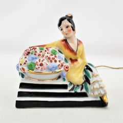 Antique Art Deco Ceramic Perfume Table Light with Seated Asian Female & Flowers
