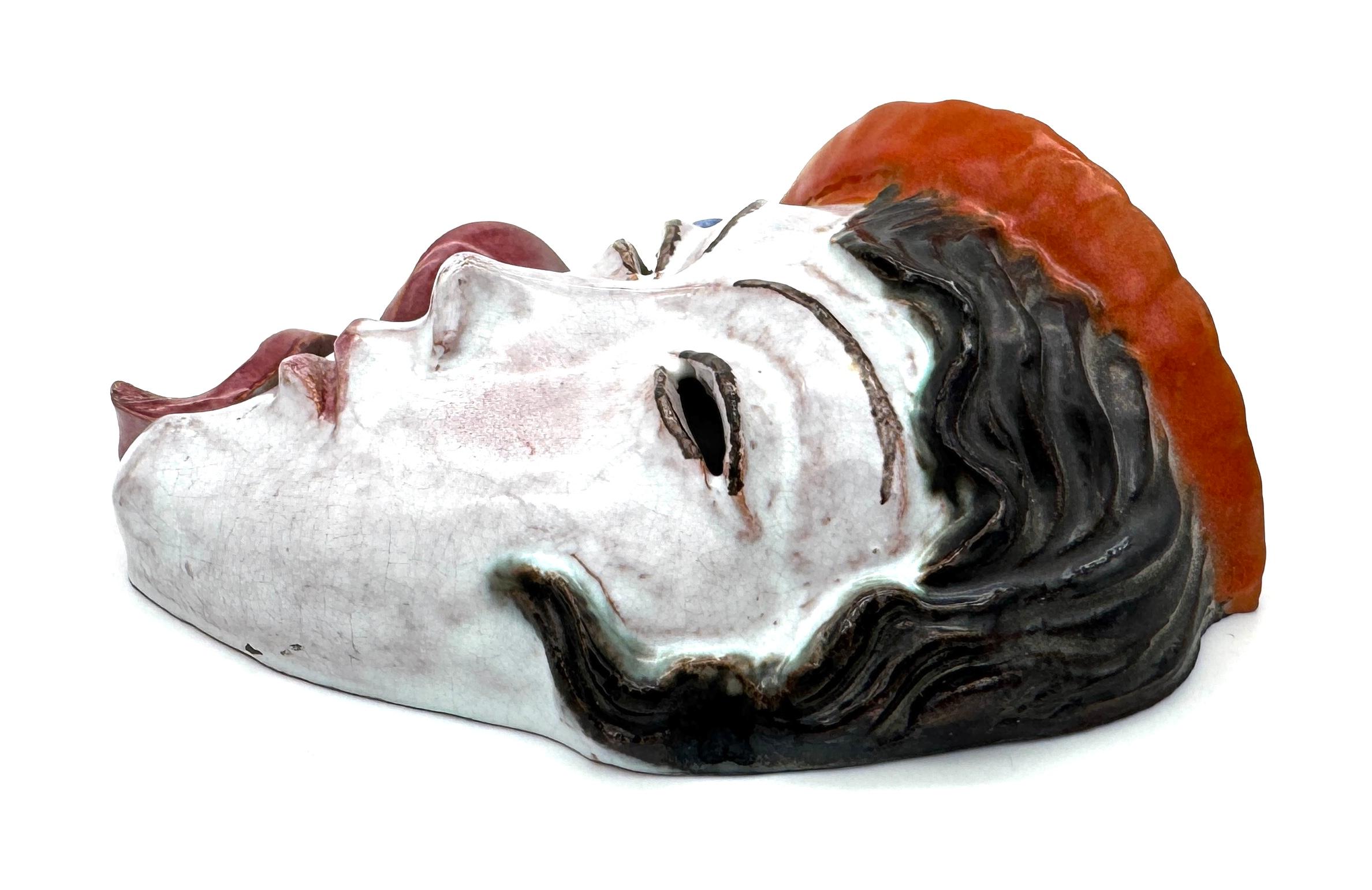 Glazed Antique Art Deco Ceramic Wall Masque Woman Black Hair Red Hat Ribbon Flower For Sale