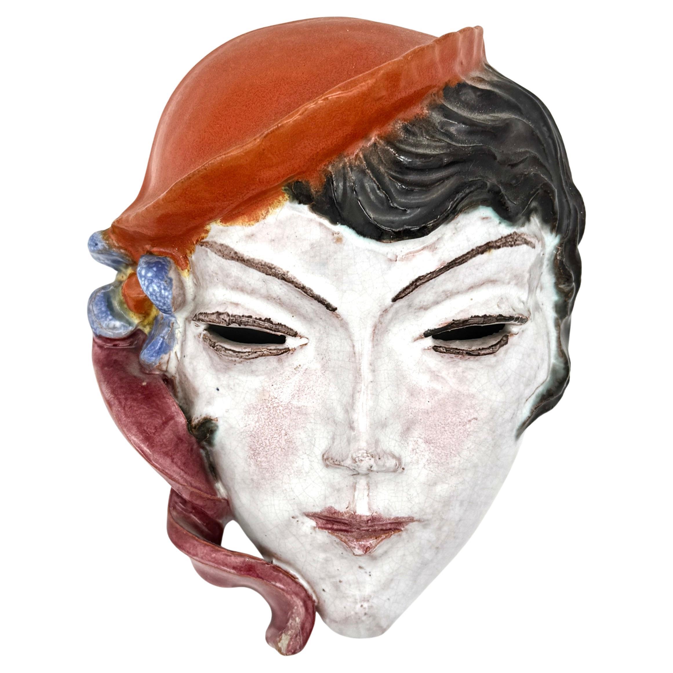 Antique Art Deco Ceramic Wall Masque Woman Black Hair Red Hat Ribbon Flower For Sale