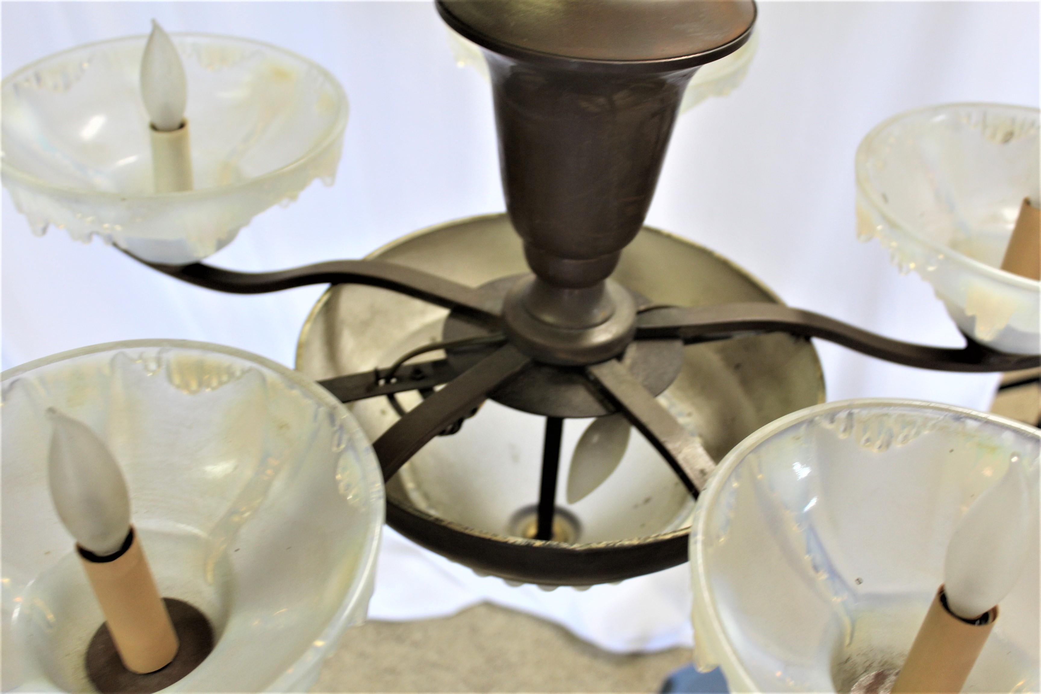 French Antique Art Deco Chandelier 5 light , Vaseline glass For Sale