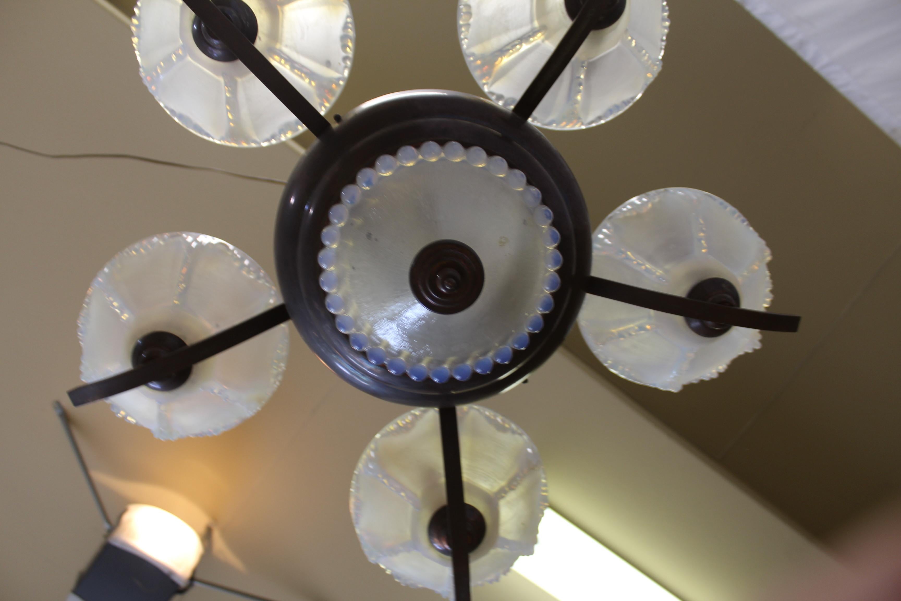 Early 20th Century Antique Art Deco Chandelier 5 light , Vaseline glass For Sale